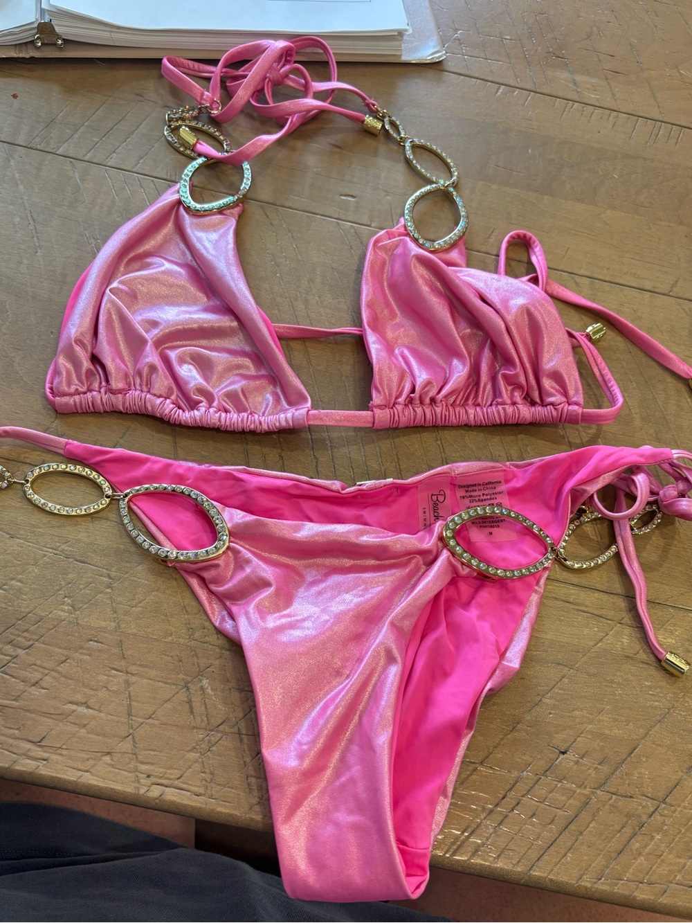 Beach Bunny Swimwear Bikini Pink Gold Size XL Top M Bottom Beach Vacation
